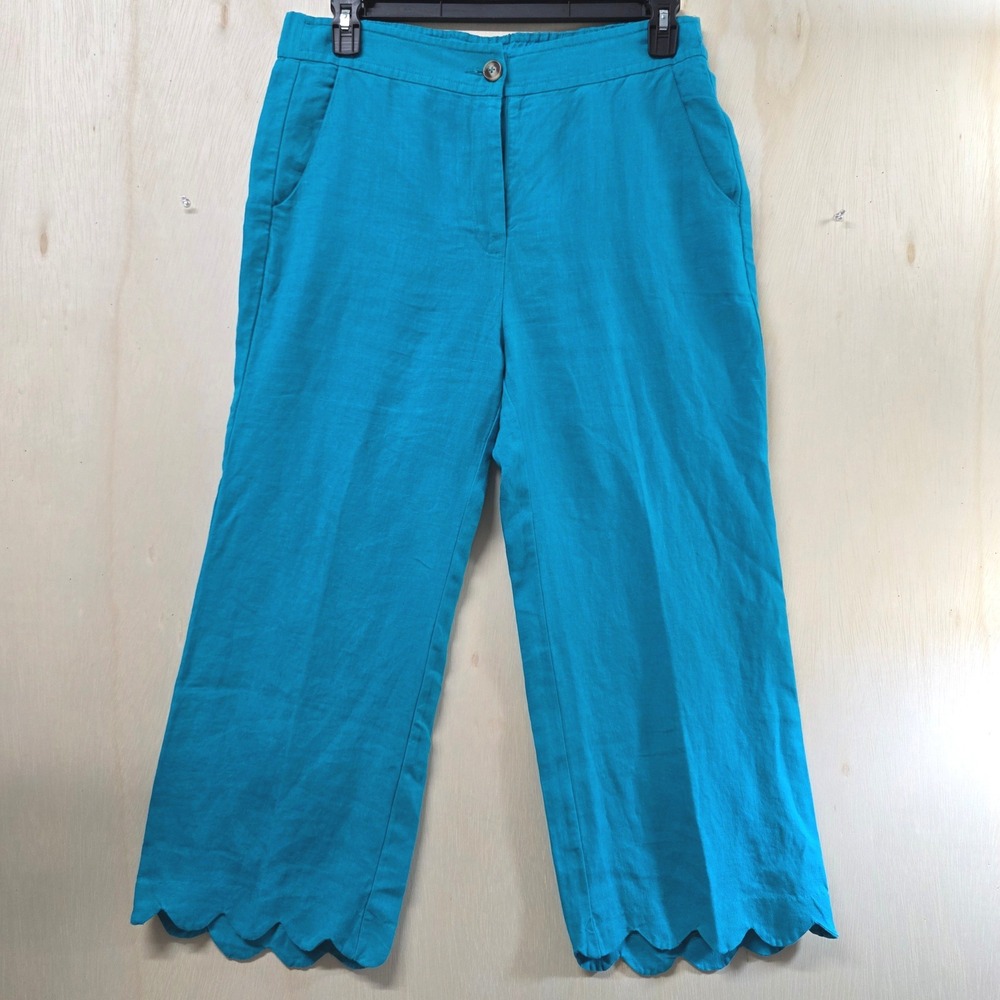 Chicos 100% Linen Turquoise Blue Scalloped Hem Wide Leg Cropped Pants Size 1 M